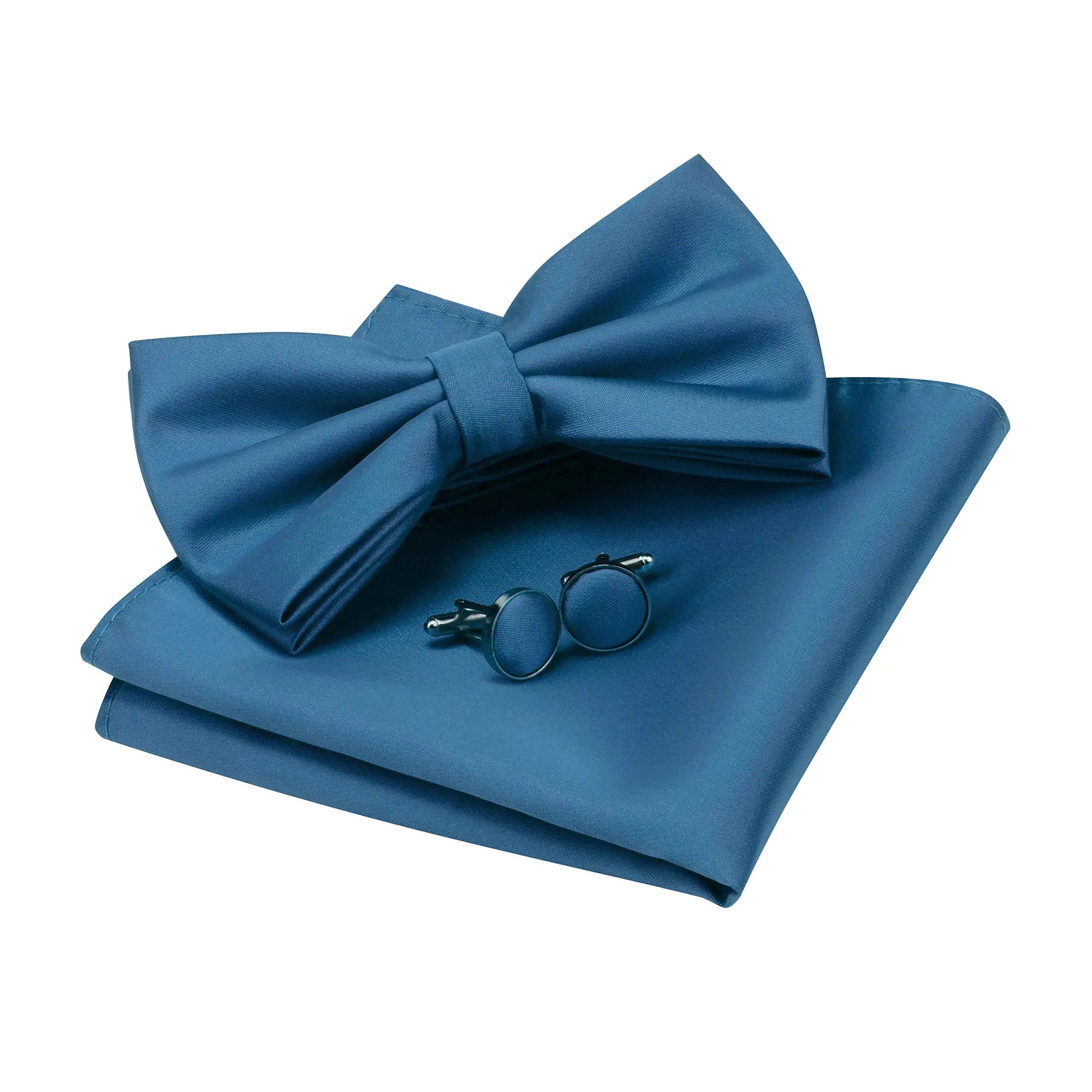 GUSLESON Mens Solid Color Double Fold Pre-tied Bow Tie and Pocket Square Cufflink Set with Gift Box Teal Blue